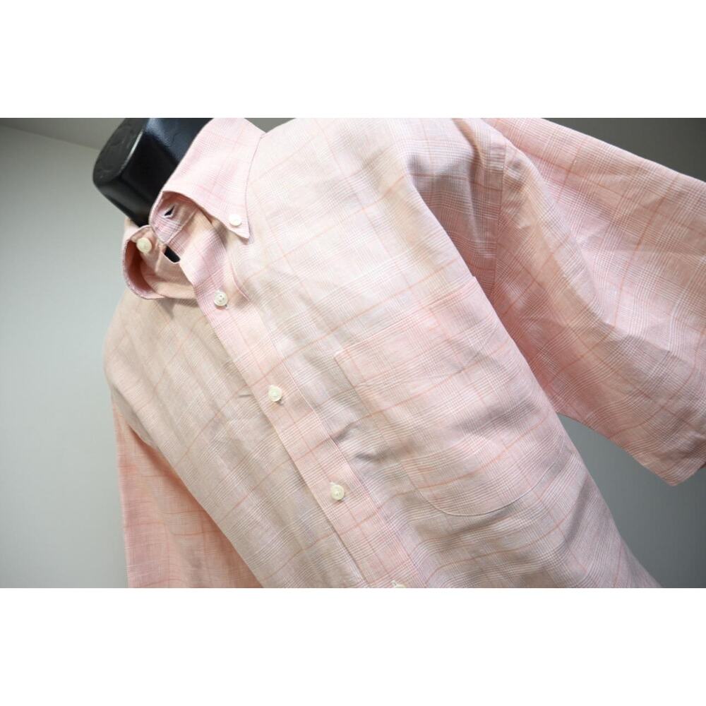 Jos A‎ Bank 100% Linen Button Up Dress Shirt Plaid Short Sleeve Mens Sz Large